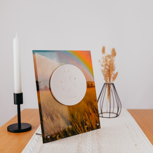 Pfotenabdruck auf Glasplatte Regenbogen (optional mit Fell)